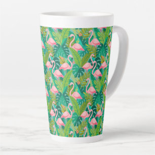 Tasse Latte Flamants roses tropicaux Feuillage de la jungle