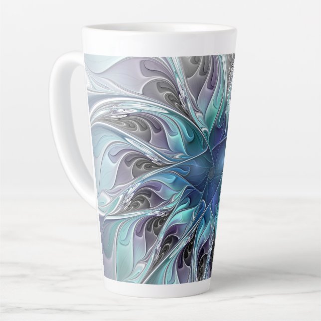 Tasse Latte Fleur Abstraite Fractale Moderne Avec Bleu (Angle gauche)