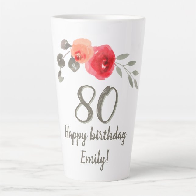 Tasse Latte Fleur d'aquarelle rouge 80e anniversaire Floral (Devant)