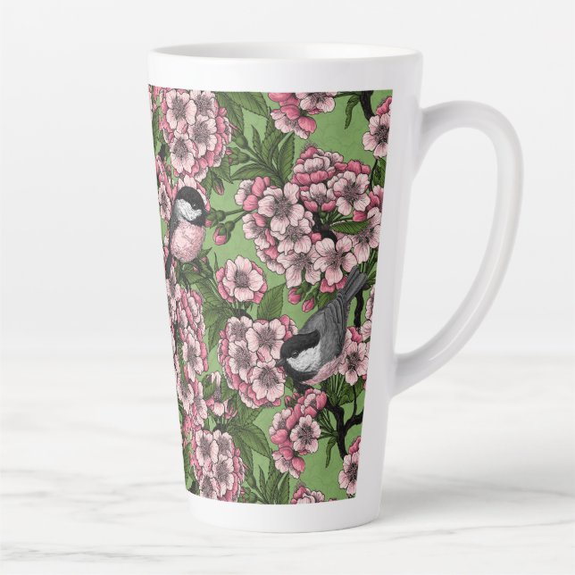 Tasse Latte Fleur de cerisiers et poulets verts (Droite)