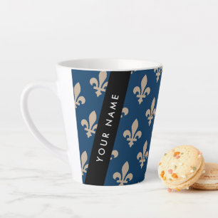 Tasse Latte Fleur de Lis, Beige sur Bleu Nuit, Royal, Votre No