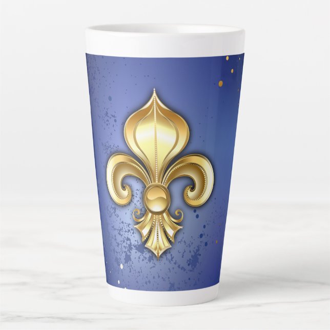 Tasse Latte Fleur de lis dorée sur fond bleu (Devant)