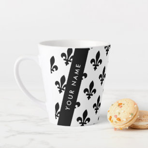 Tasse Latte Fleur de Lis, Noir sur Blanc, Noir, Votre Nom