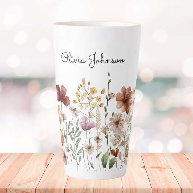 Tasse Latte Fleur de Monogramme Aquarelle Jolies Fleurs  (In situ)