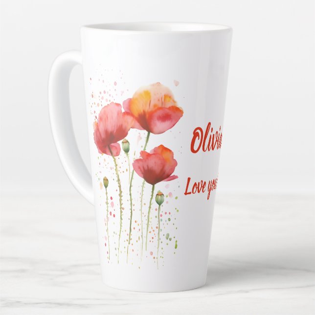 Tasse Latte Fleur de naissance d'août Coquelicots rouges Aquar (Angle gauche)