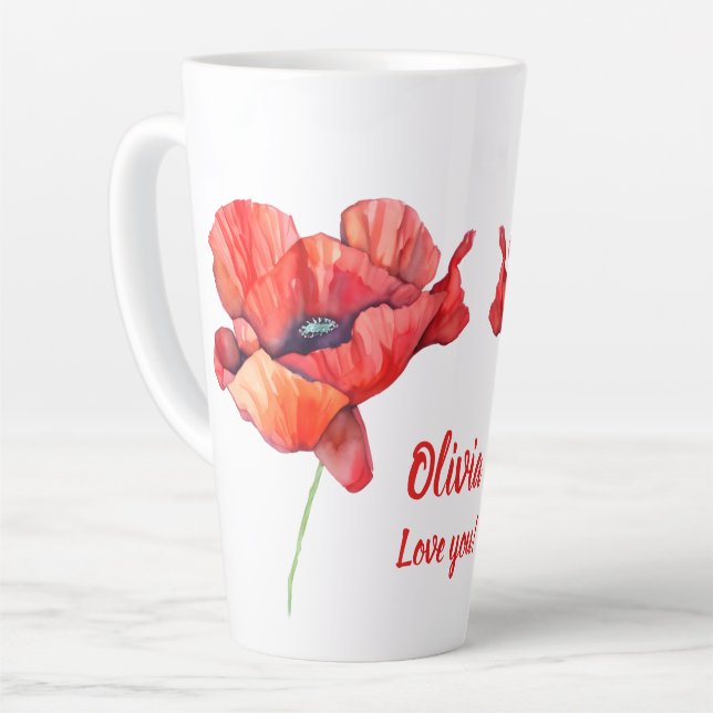 Tasse Latte Fleur de naissance d'août Pavot rouge Aquarelle (Angle gauche)