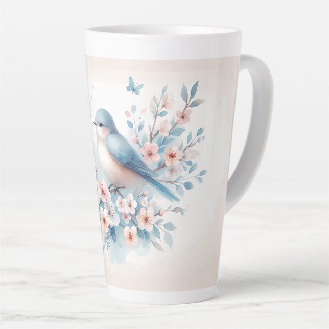 Tasse Latte Fleur de Rouge-gorge Aquarelle Sérénité (Angle droit)