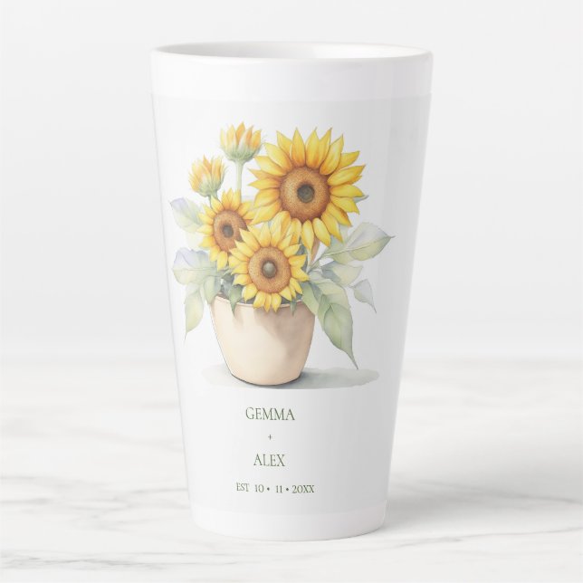 Tasse Latte Fleur de soleil d'aquarelle Personnalisée Nouveaux (Devant)