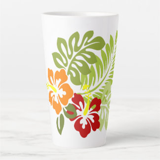 Tasse Latte Fleur Feuilles tropicaux Hibiscus Hawaii Rouge Ora