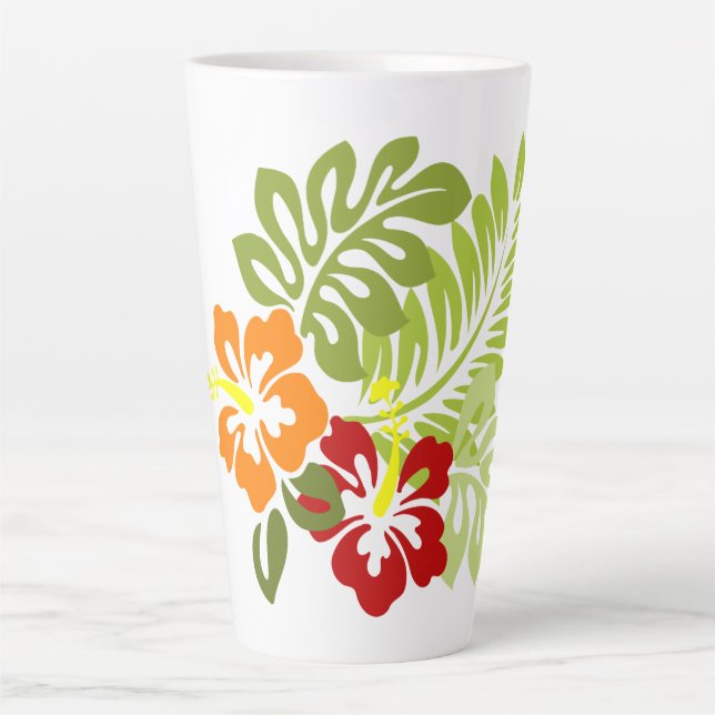 Tasse Latte Fleur Feuilles tropicaux Hibiscus Hawaii Rouge Ora (Devant)