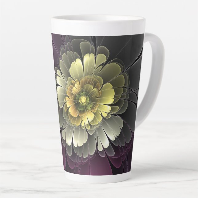 Tasse Latte Fleur fractale grise et pourpre moderne abstraite (Angle droit)