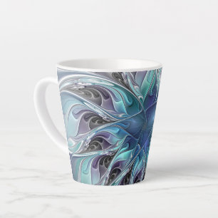 Tasse Latte Fleur fractale moderne abstraite avec du bleu