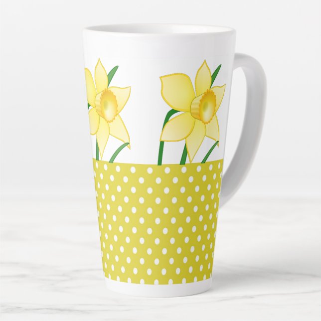 Tasse Latte Fleur jonquille de printemps avec Pois-Polka Jaune (Angle droit)