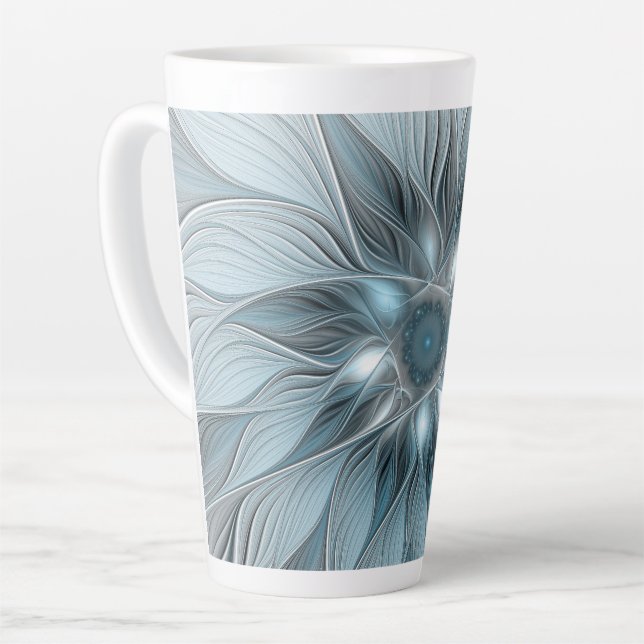 Tasse Latte Fleur Joyeuse Abstrait gris bleu floral Fractal (Angle gauche)