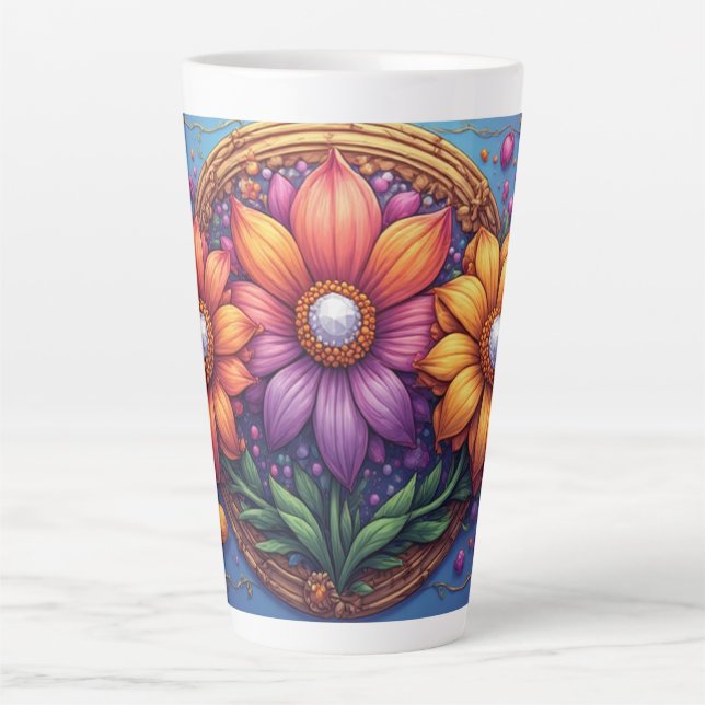 Tasse Latte Fleur Luxueuse Avec Cadre Orné (Devant)