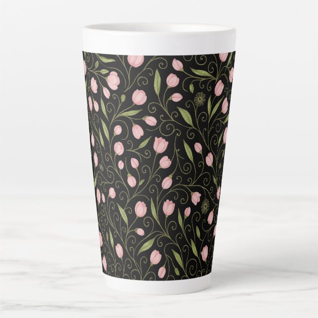 Tasse Latte Fleur mignonne, rose sur noir avec motif répétitif (Devant)