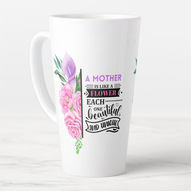 Tasse Latte Fleur rose et violet avec citation (Angle gauche)