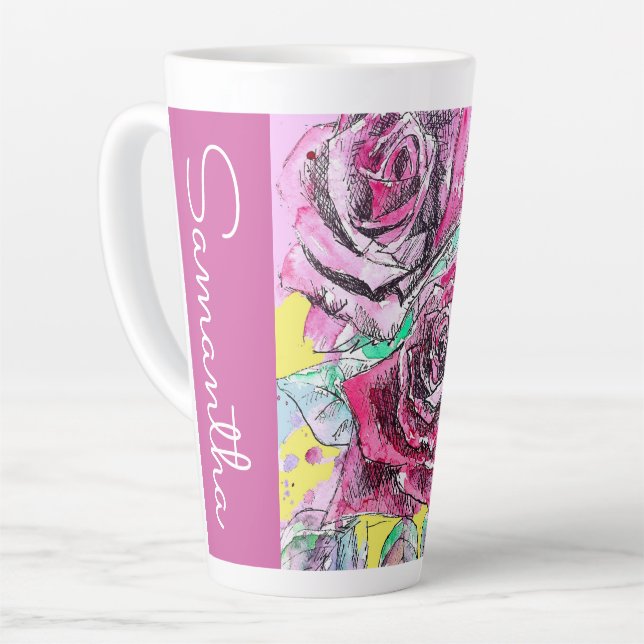 Tasse Latte Fleur rouge Floral Aquarelle Femme Nom (Angle gauche)