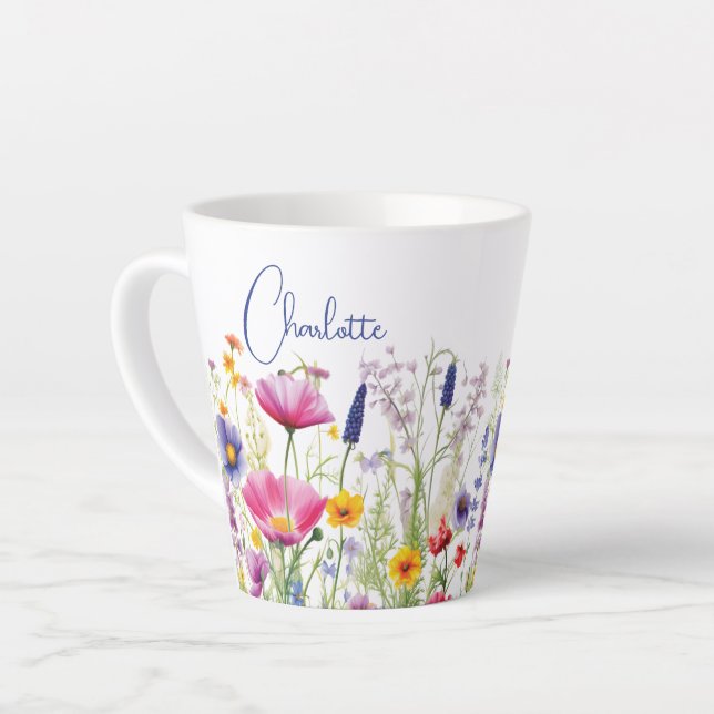 Tasse Latte Fleur sauvage coloré Floral Nom personnalisé (Angle gauche)