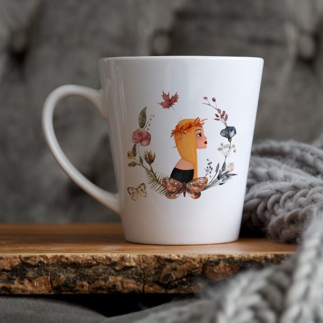 Tasse Latte Fleur sauvage gitane d'automne | Illustration aqua (Créateur téléchargé)