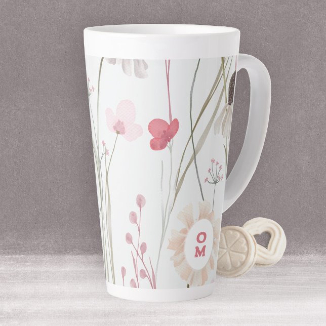 Tasse Latte Fleur sauvage moderne clair Monogramme rose vert (Romantic Mauve Sage Latte Latte Mug ©Susanne Sachers - Sunny Mind Design 🌞)