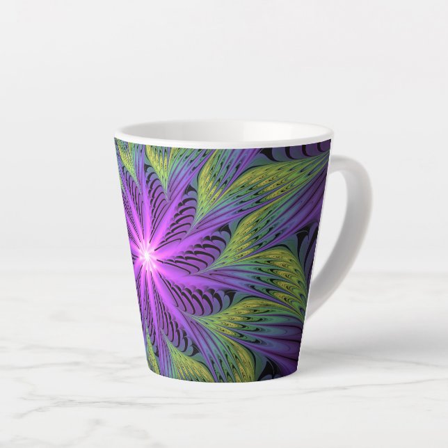 Tasse Latte Fleur verte violette Art fractal abstrait moderne (Angle droit)