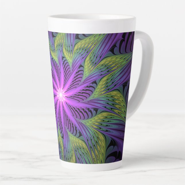 Tasse Latte Fleur verte violette Art fractal abstrait moderne (Angle droit)