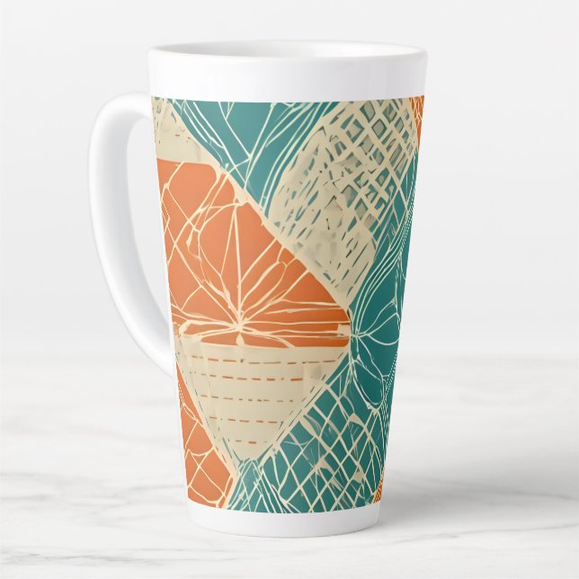 Tasse Latte Fleurs abstraites sarcelle, orange et chamois (Angle gauche)