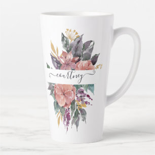 Tasse Latte Fleurs aquarelles personnalisées rose et violet