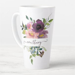 Tasse Latte Fleurs aquarelles personnalisées rose et violet