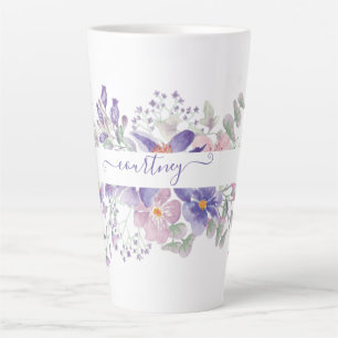 Tasse Latte Fleurs aquarelles personnalisées rose et violet