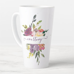 Tasse Latte Fleurs aquarelles personnalisées violettes et roug