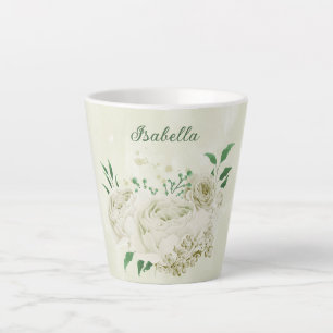 Tasse Latte Fleurs blanches ivoire romantiques verdure