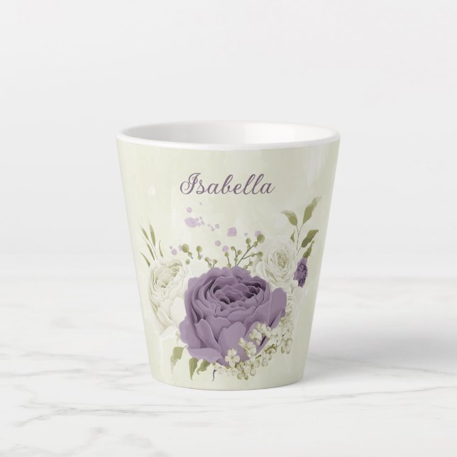Tasse Latte fleurs blanches mauves verdure  (Devant)