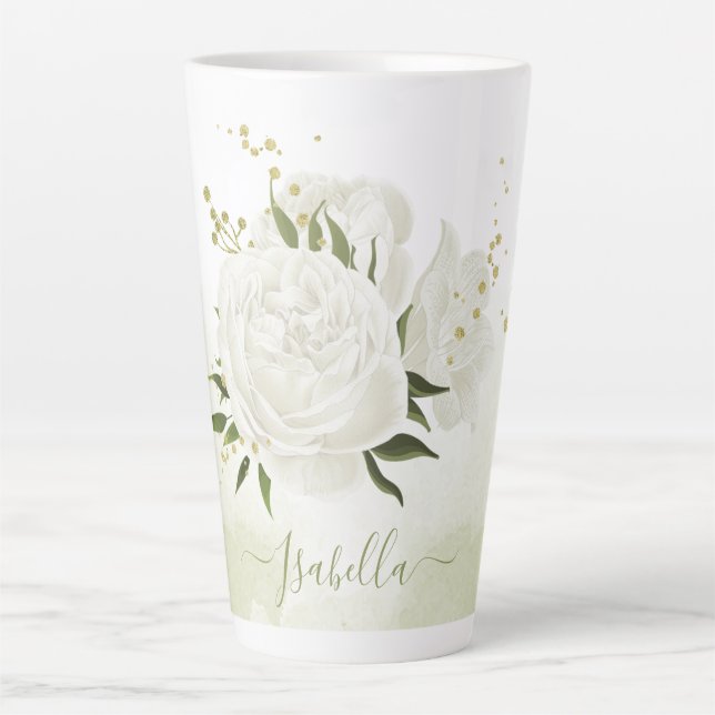 Tasse Latte fleurs blanches romantiques avec de jolis feuilles (Devant)