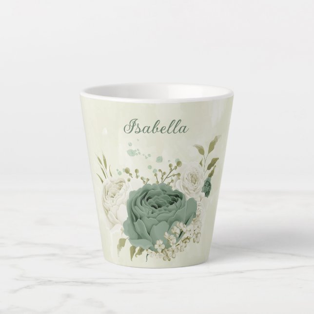 Tasse Latte fleurs blanches vert sauge  (Devant)
