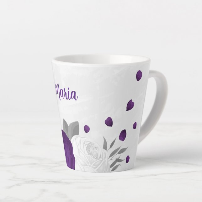Tasse Latte fleurs blanches violettes mariage botanique argent (Angle droit)