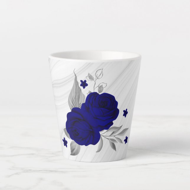 Tasse Latte fleurs bleu royal feuilles argent marbre (Devant)