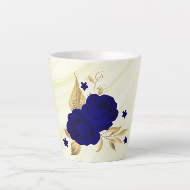 Tasse Latte fleurs bleu royal feuilles or marbre (Devant)