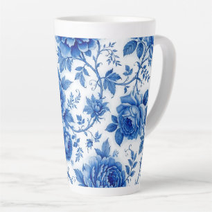 Tasse Latte Fleurs bleues délavées Roses Pivoines Bleu de coba