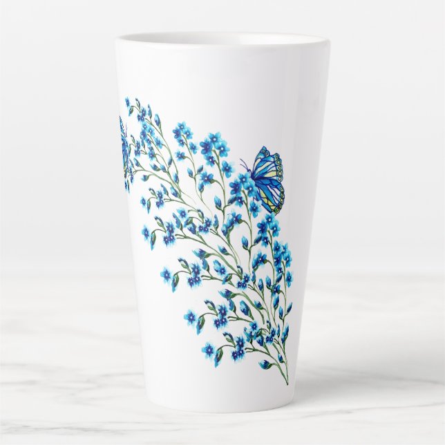 Tasse Latte Fleurs bleues délicates avec papillon (Devant)