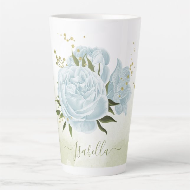 Tasse Latte fleurs bleues romantiques & vert feuille botanique (Devant)