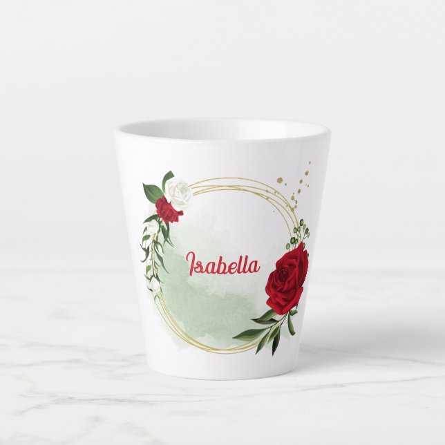 Tasse Latte Fleurs botaniques rouges et blanches verdure (Devant)
