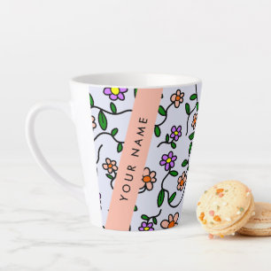 Tasse Latte Fleurs colorées, fond bleu, orange