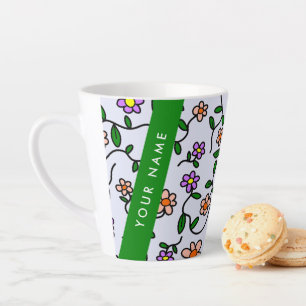 Tasse Latte Fleurs Colorées, Fond Bleu, Vert