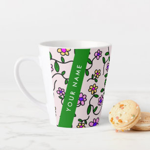 Tasse Latte Fleurs Colorées, Fond Rose, Vert