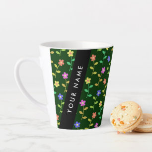 Tasse Latte Fleurs Colorées, Fond Vert, Noir