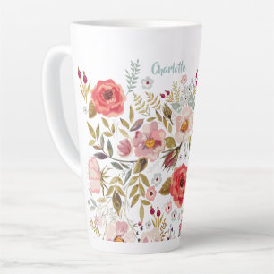 Tasse Latte Fleurs d'aquarelle Fleurs personnalisées Grosse M