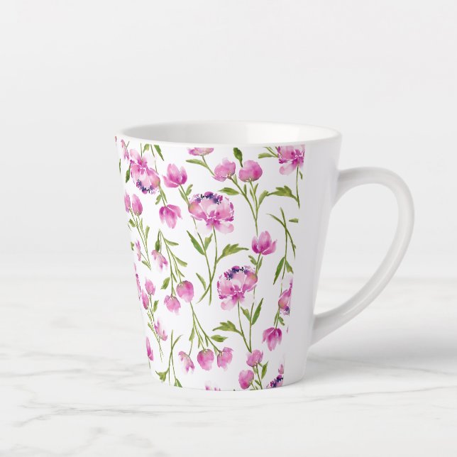 Tasse Latte Fleurs d'aquarelle lâche bohème rose et vert (Droite)