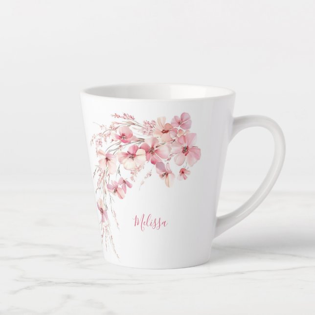 Tasse Latte Fleurs d'aquarelle rose Monogramme blanc (Droite)